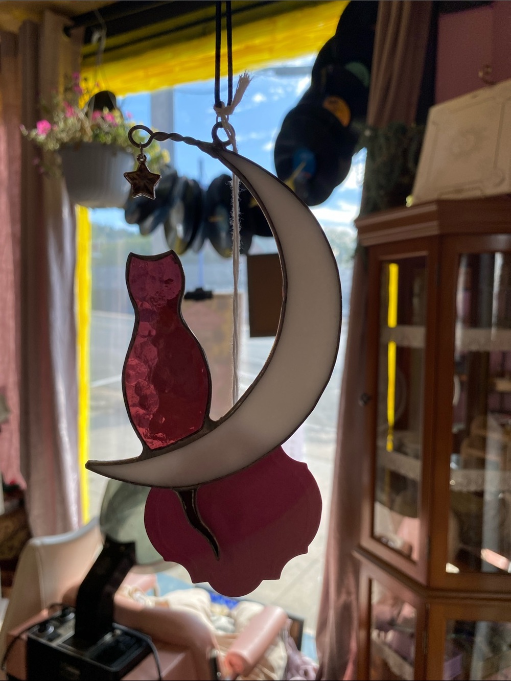 Purple Cat on Crescent Moon Stained Glass Suncatcher